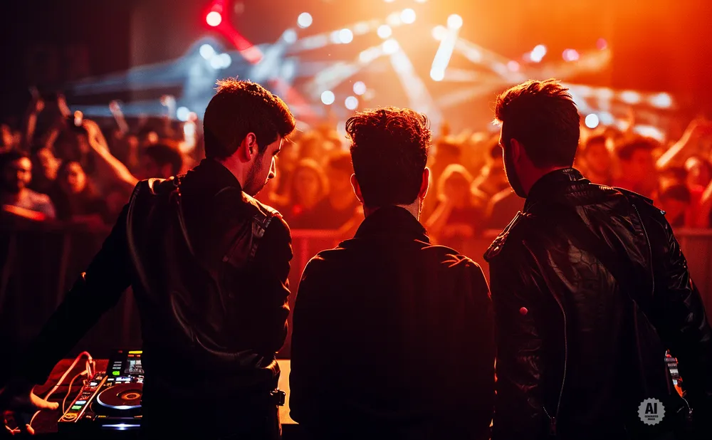 Three DJs stand facing a cheering crowd under bright, red stage lights at a concert.