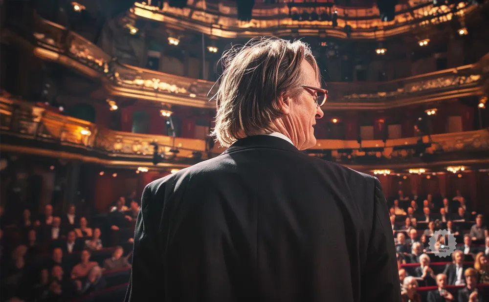 Man in suit on stage at theater, facing audience.