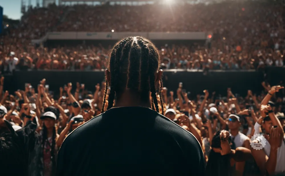 Man with braids facing a cheering crowd at an outdoor concert.
