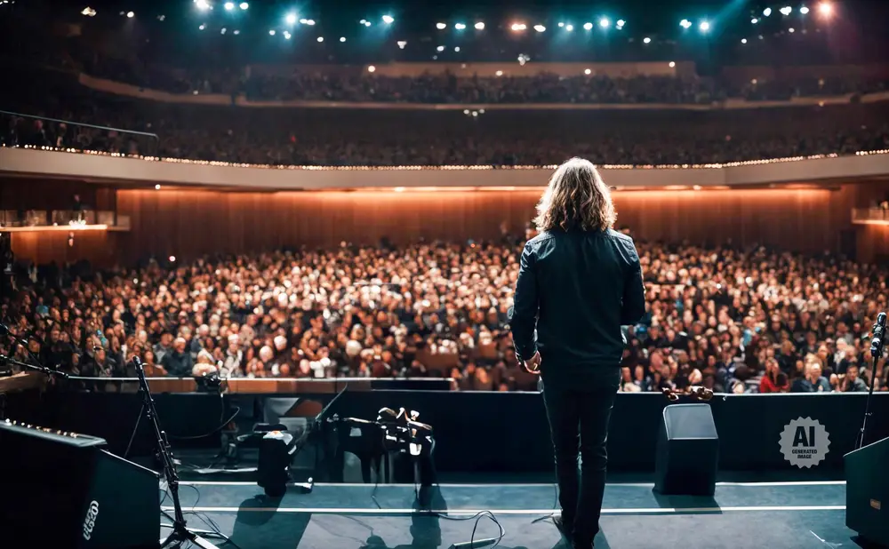 A performer with long hair stands on stage facing a large audience in a concert hall.