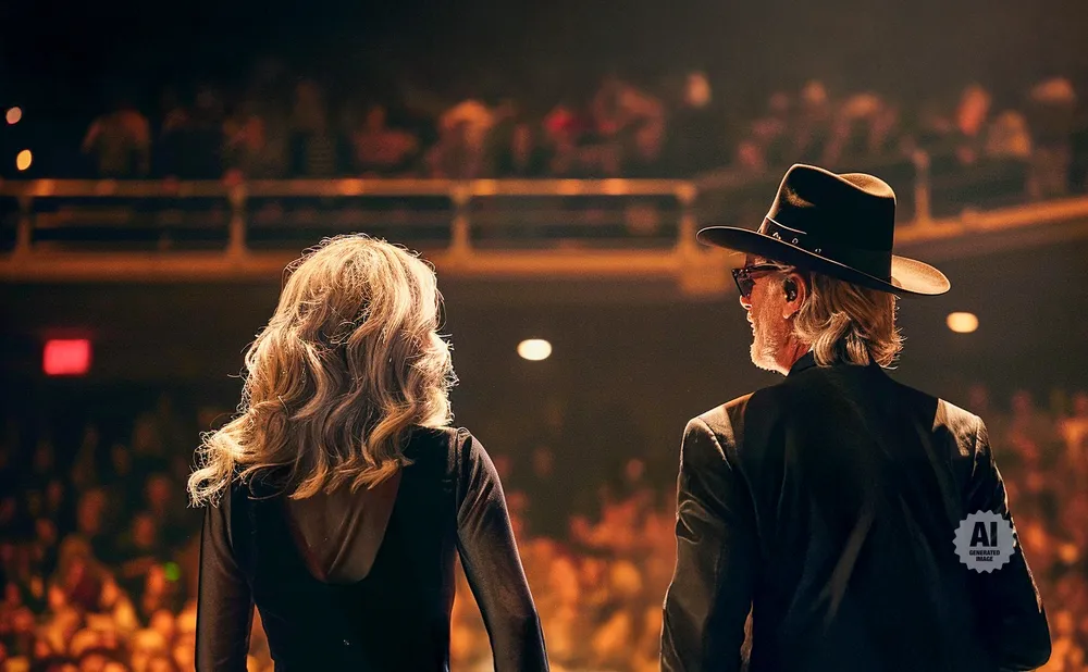 Two performers, a woman with blonde hair and a man in a hat, stand on stage facing an audience.