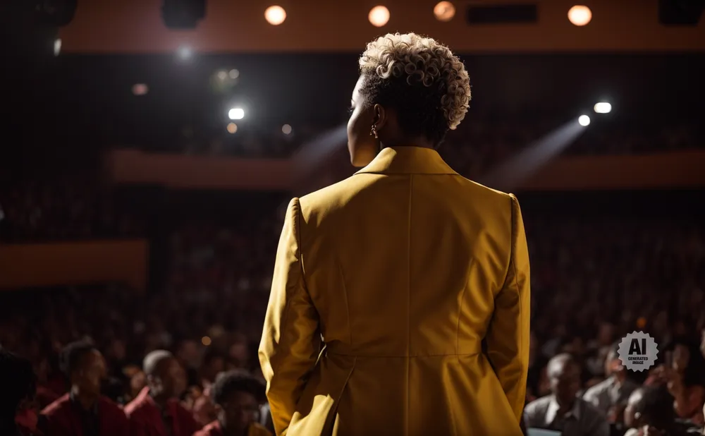 A woman in a yellow blazer stands on stage facing an audience, with spotlights overhead.