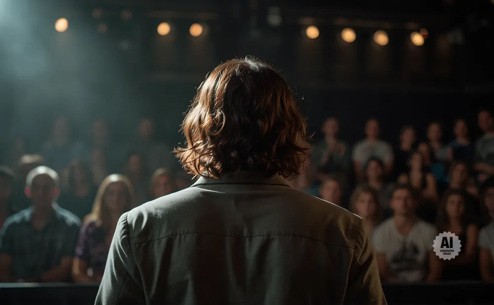 A person with wavy brown hair stands with their back to the camera, facing an audience under stage lights.