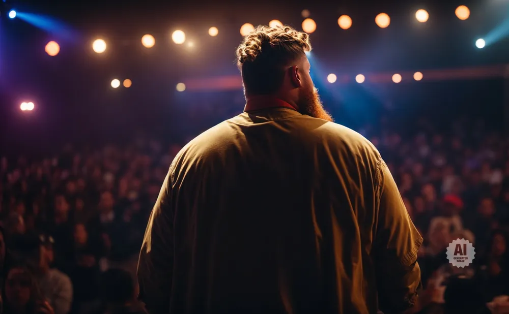 Man with beard and curly hair facing an audience on a stage with bright lights.