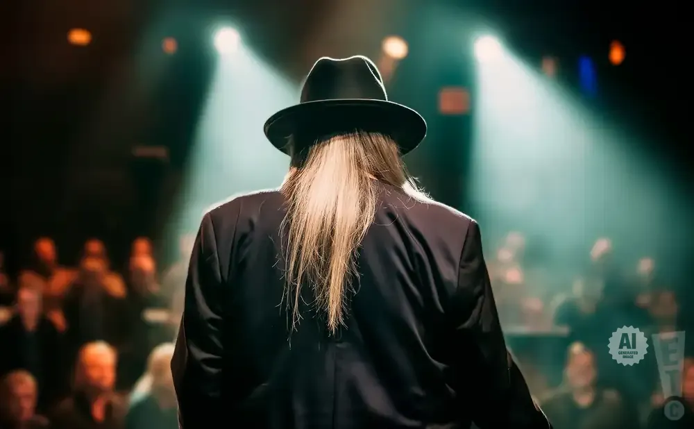 Person in a black hat and suit on stage with long blonde hair, facing away from the camera.