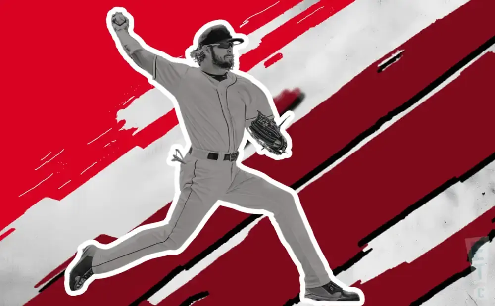 A baseball pitcher in mid-throw against a red and white abstract background.