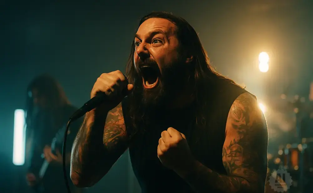 A man with long hair and tattoos screams into a microphone on a dimly lit stage.