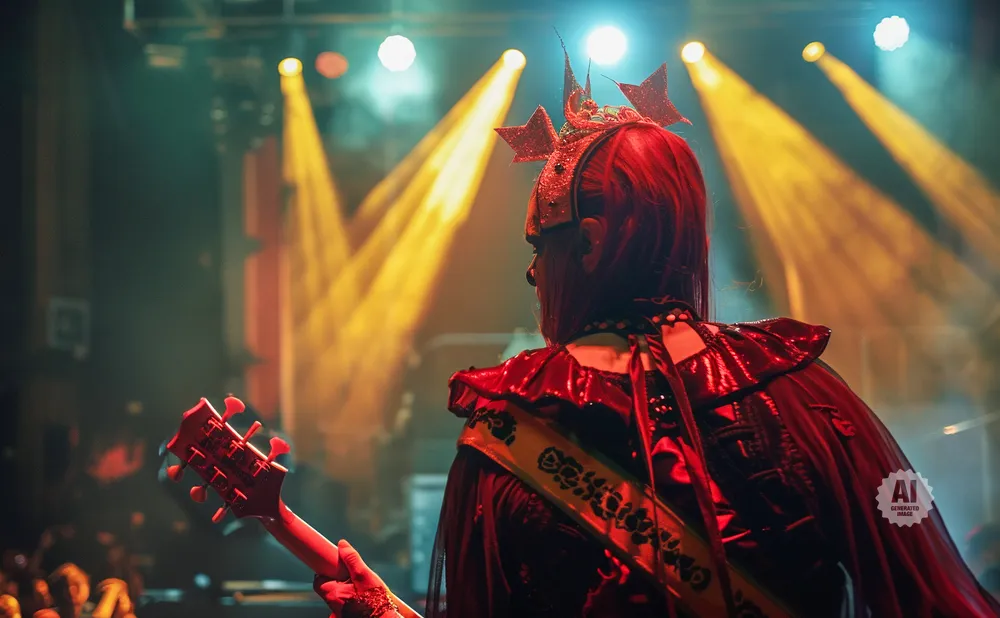 A person with a red crown and red hair plays a red guitar on a stage with bright yellow lights.