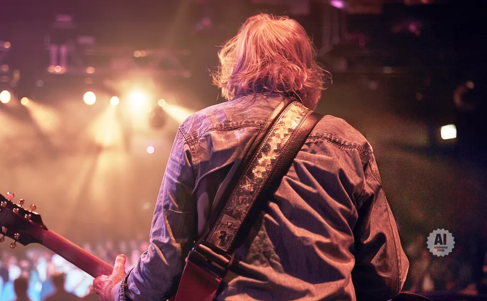 Guitarist in denim shirt on stage with warm lighting and audience blurred in the background.