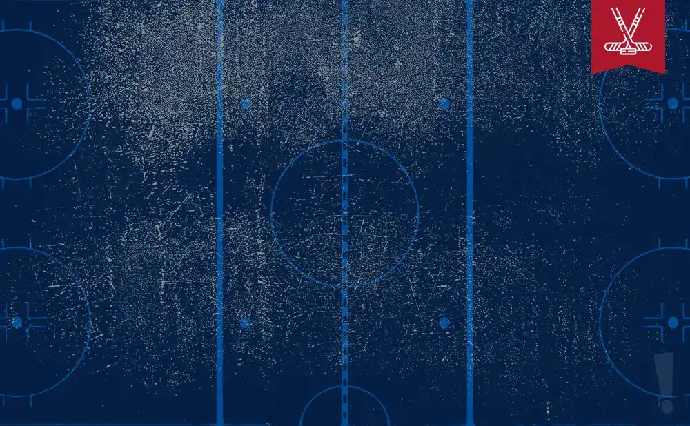 An illustration of a hockey rink with a distressed texture and a red banner with crossed hockey sticks in the upper right corner.