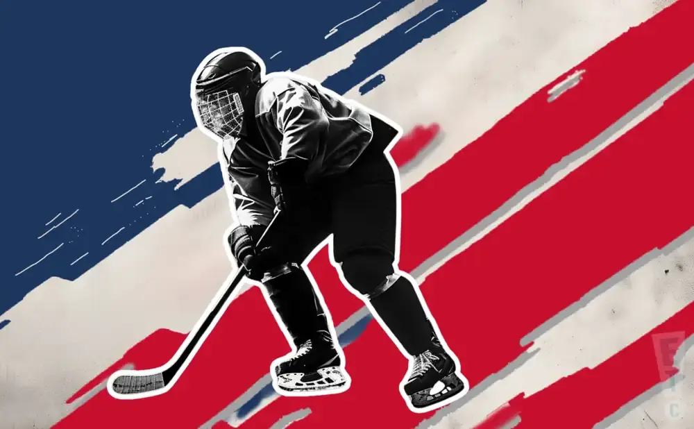 A hockey player is silhouetted against a background of red and blue stripes.