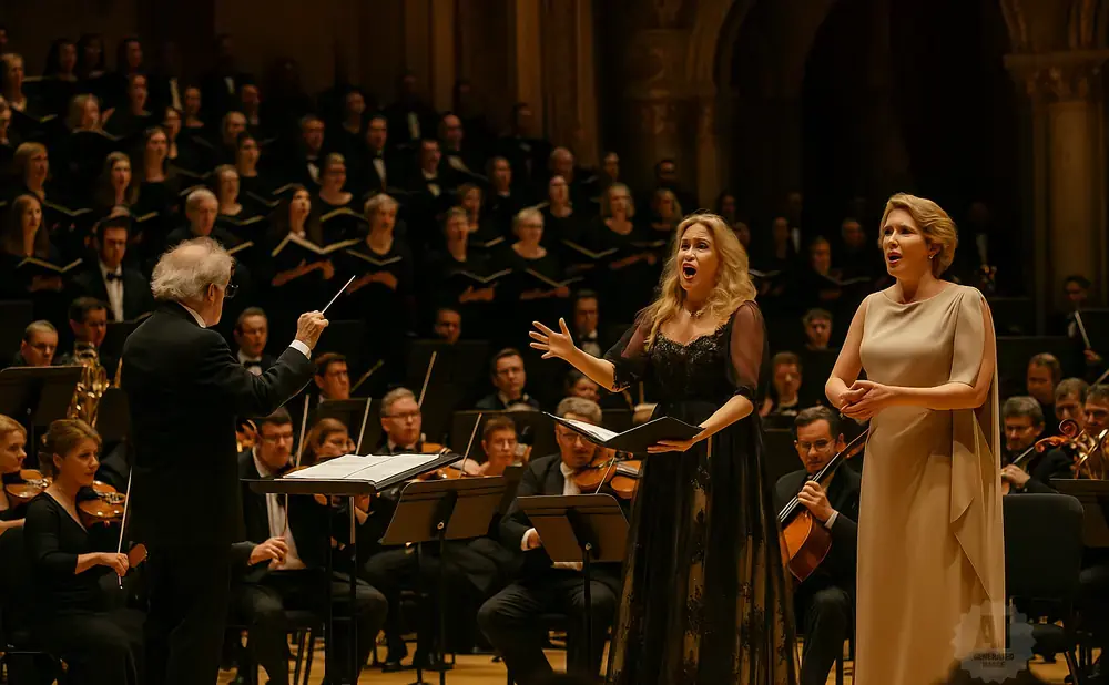 A conductor leads a choir and orchestra in a performance with two soloists in the foreground.