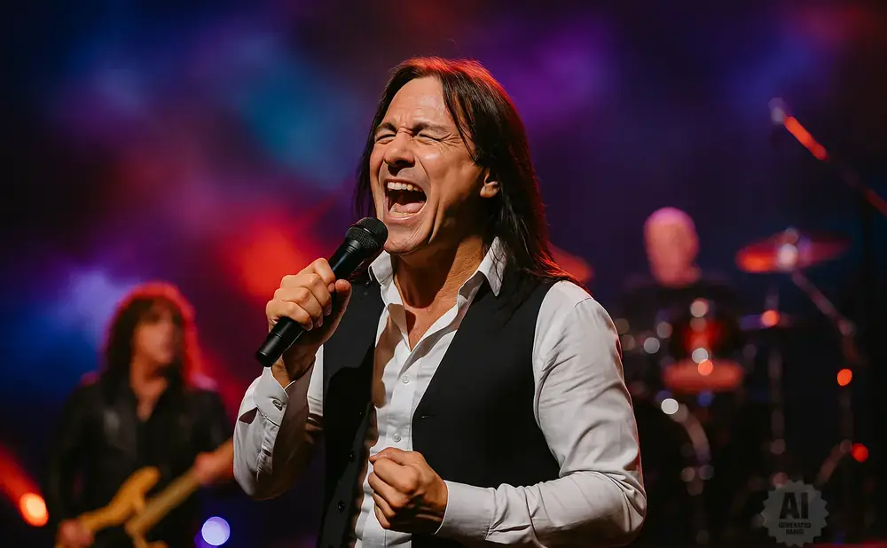 A rock singer belts into a microphone on stage, bathed in colorful lights.
