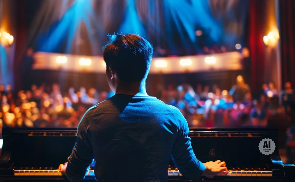 A pianist plays at a grand piano on a stage, facing a blurred audience under blue and gold lights.