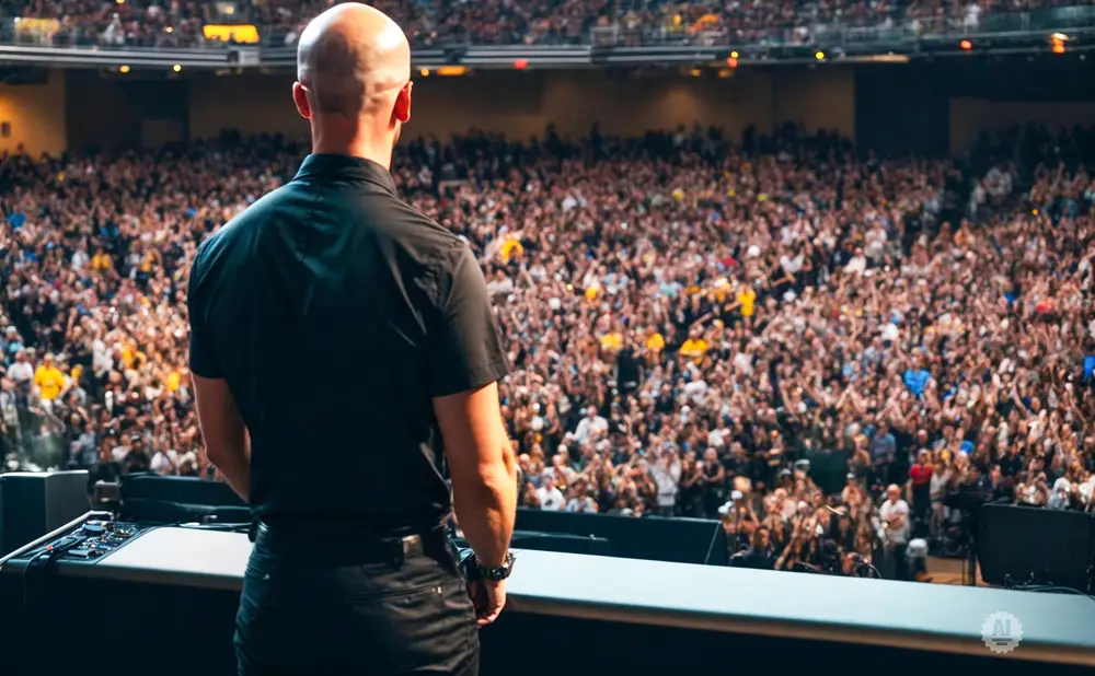 A bald man in a black shirt stands on stage facing a large, cheering crowd.