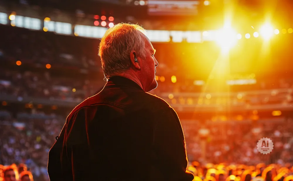 An older man in a dark shirt stands with his back to the camera, bathed in the golden light of stage spotlights during a concert.