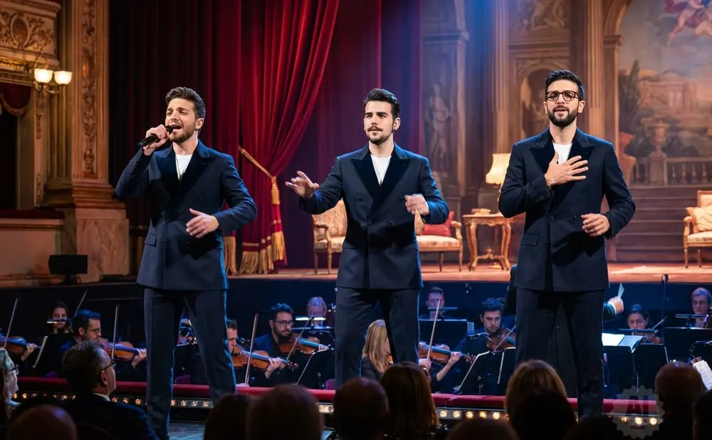 Three men in navy suits sing on stage with an orchestra behind them.