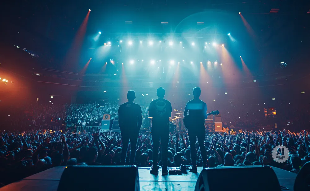 Three silhouetted musicians on a stage facing a cheering crowd at a concert, bathed in blue and orange stage lights.