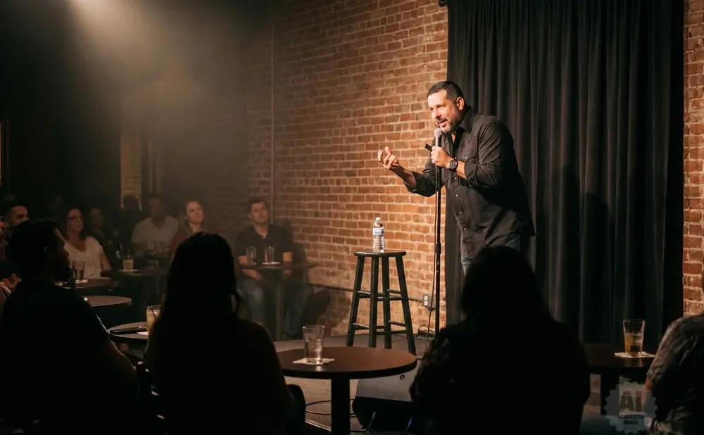 A man with a beard laughs into a microphone on a dark stage with bokeh lights.