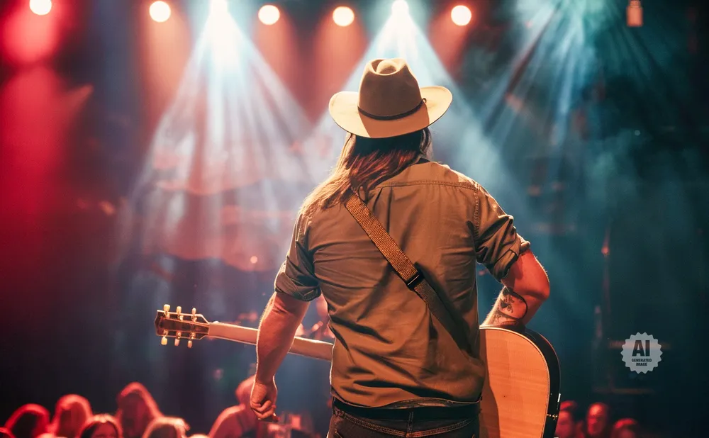A musician with a cowboy hat and guitar performs on a stage with bright lights and an audience.