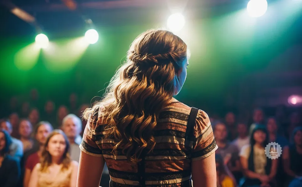 A woman with braided hair speaks to a blurred audience under stage lights.