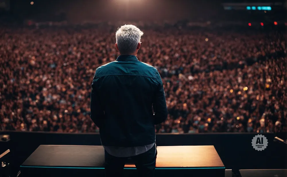 Man on stage facing a large, blurred crowd, bathed in spotlight.