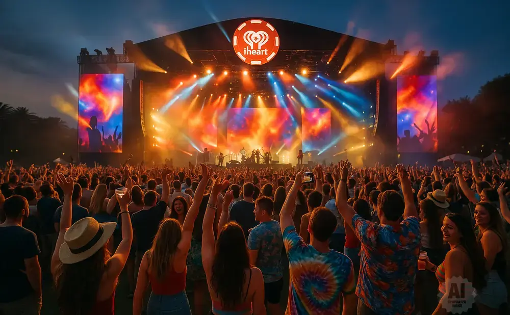 A large crowd cheers at a music festival with a brightly lit stage featuring the iHeart logo.