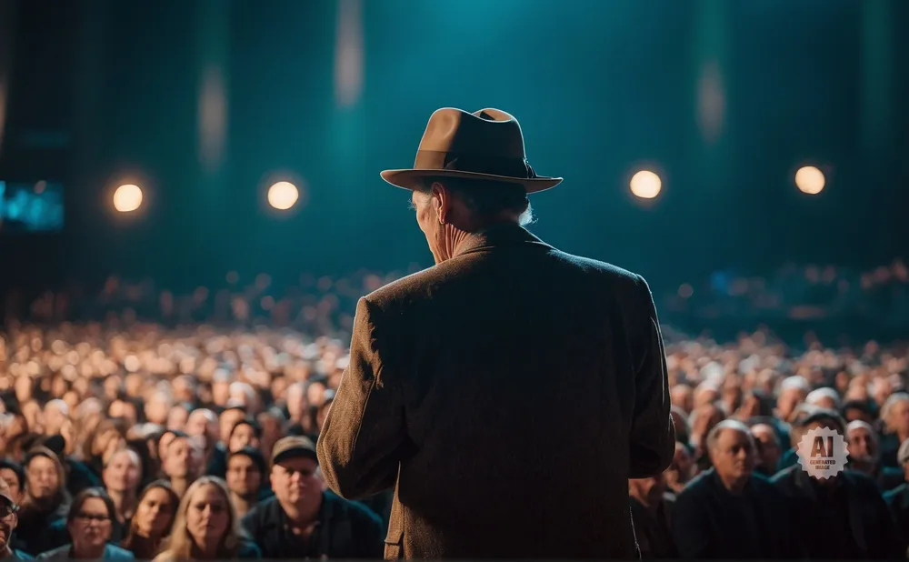 Man in a fedora and suit on stage addressing a large, blurred audience.