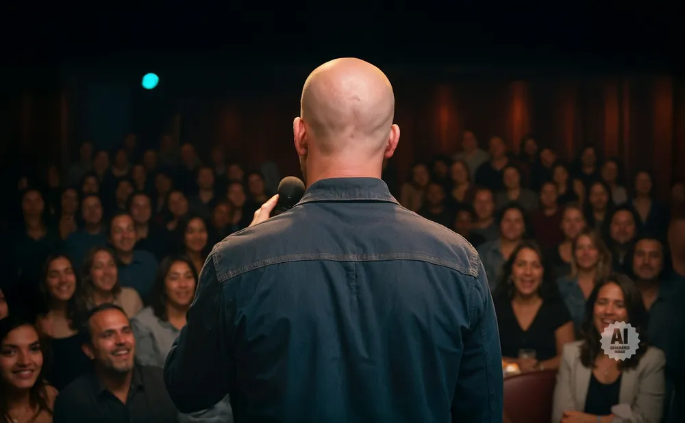 A bald man with his back to the camera holds a microphone and speaks to an audience in a dimly lit room.