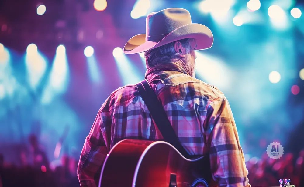 A man in a cowboy hat and plaid shirt plays guitar on stage with colorful lights.