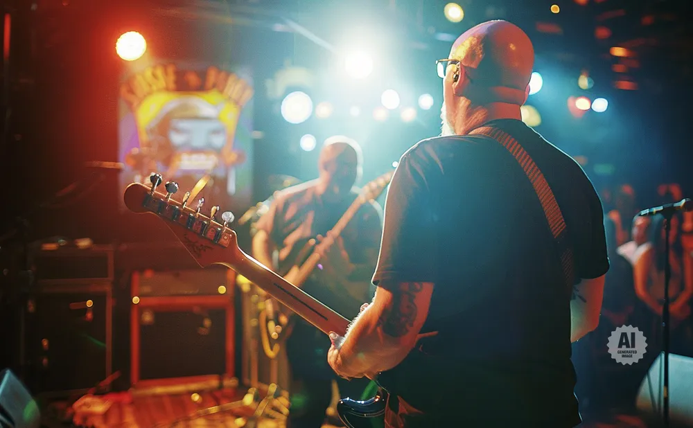 Musicians performing on stage with bright lights and an audience in the background.