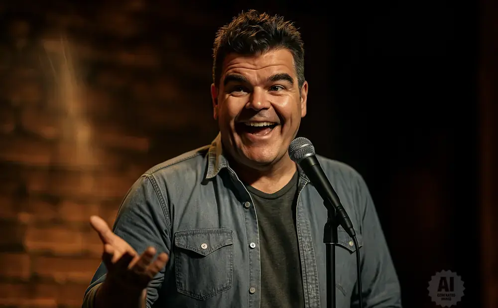 A man in a denim shirt laughs into a microphone on a dimly lit stage.