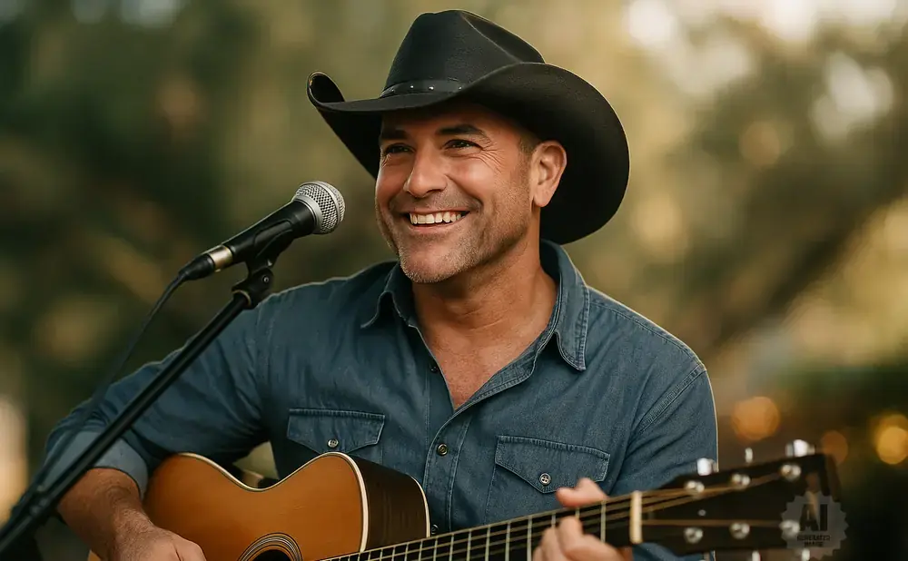 A smiling man in a cowboy hat plays an acoustic guitar and sings into a microphone outdoors.