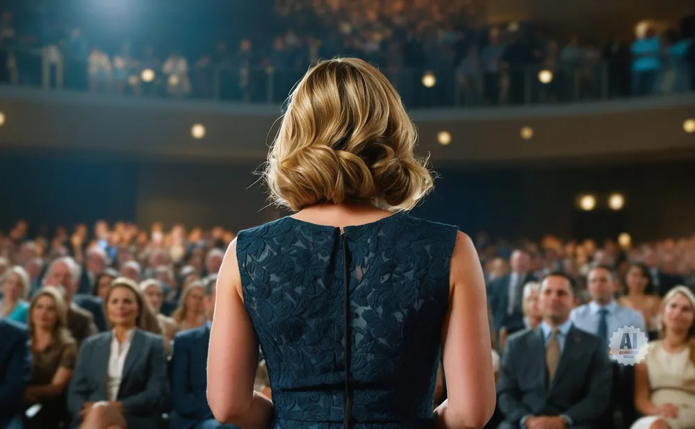 Woman in a dark dress speaking to an audience in a theater.