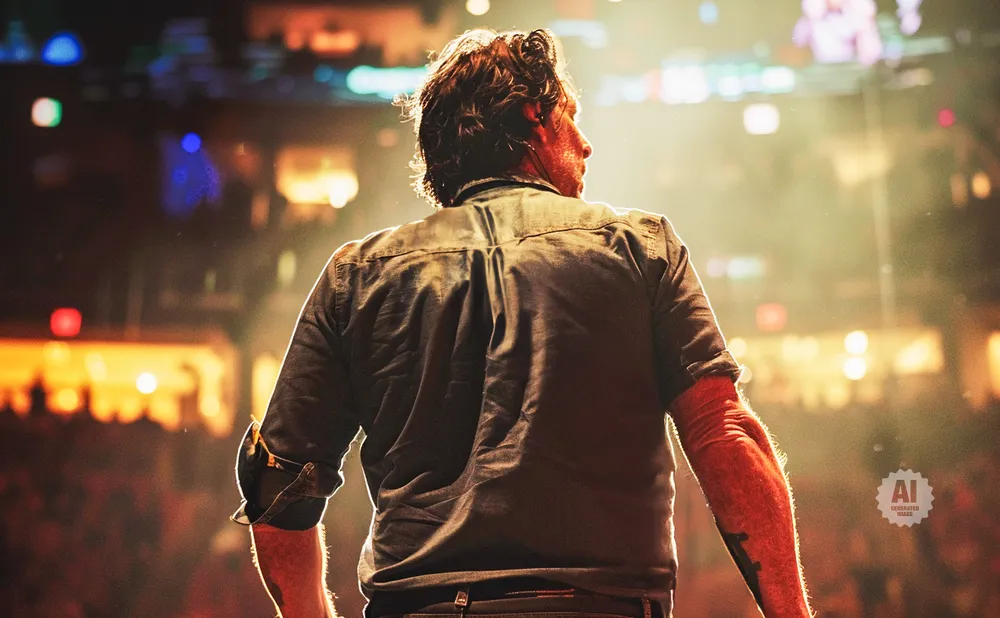Man on stage facing away, back lit by stage lights.