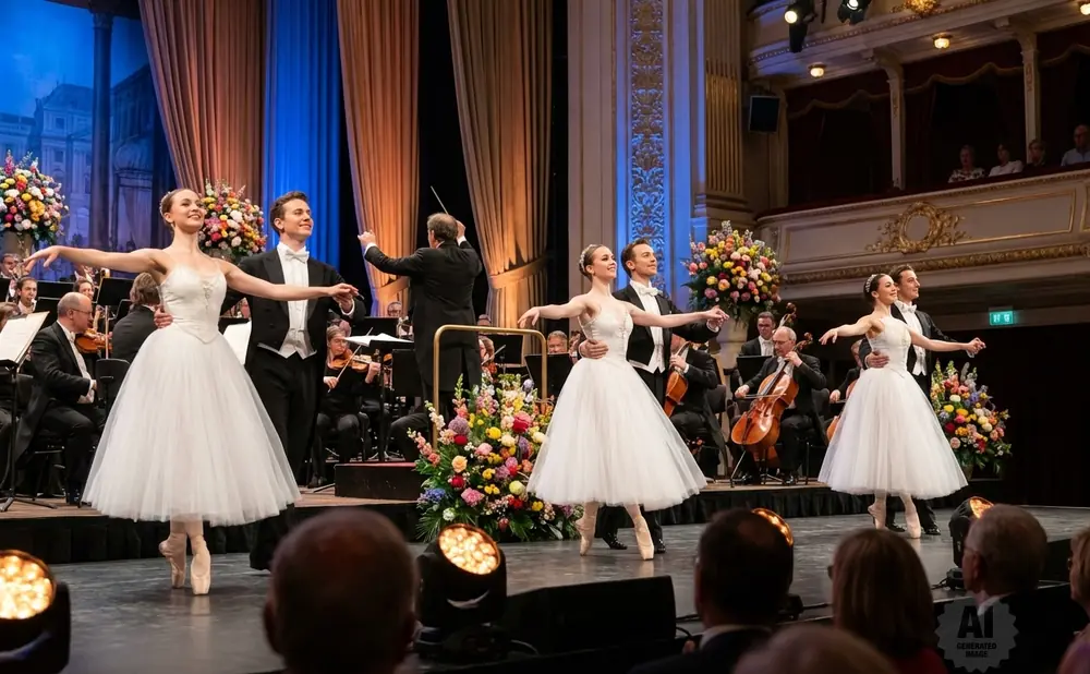 Ballerinas in white tutus dance with male partners on stage as an orchestra plays behind them.