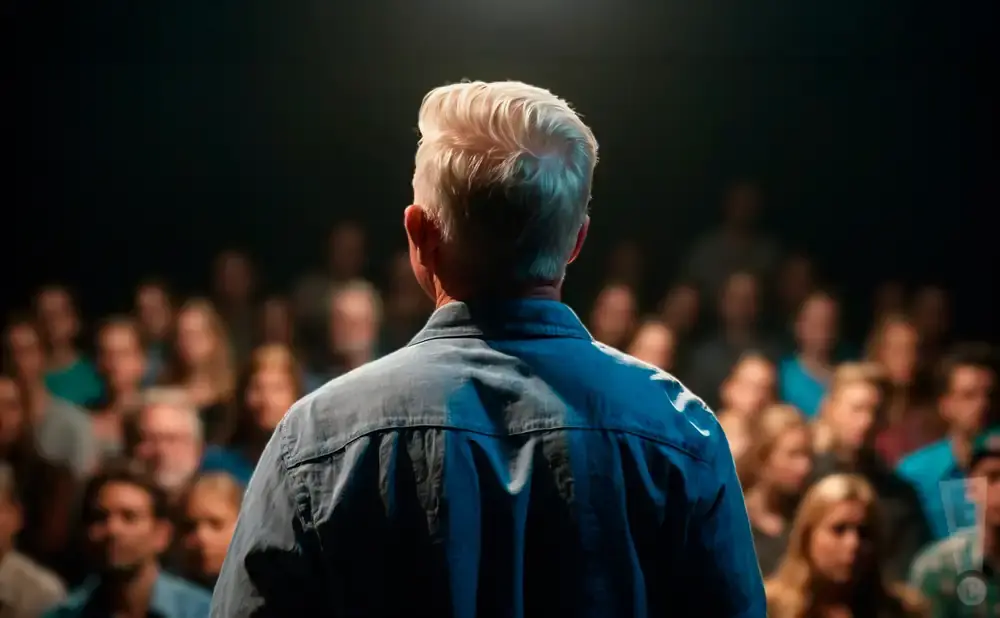 Man with slicked-back hair in a blue shirt addresses a blurred audience.