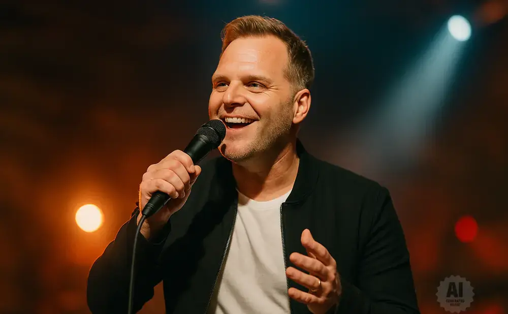 A man with short blond hair and a beard, wearing a black bomber jacket over a white t-shirt, sings into a microphone.