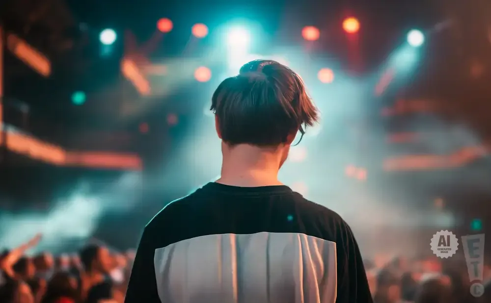 A person facing away from the camera at a concert with a crowd and stage lights blurred in the background.