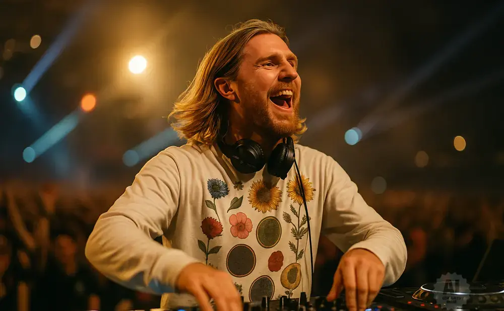 A DJ with long blonde hair and headphones around his neck smiles widely while playing music at a concert.