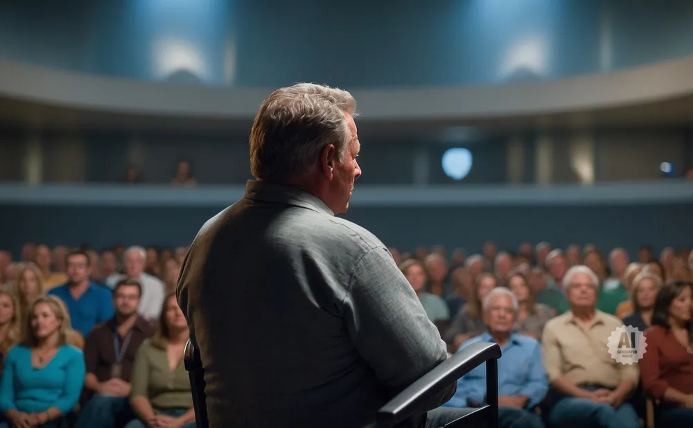 Man in gray shirt speaks to an audience in a theater.