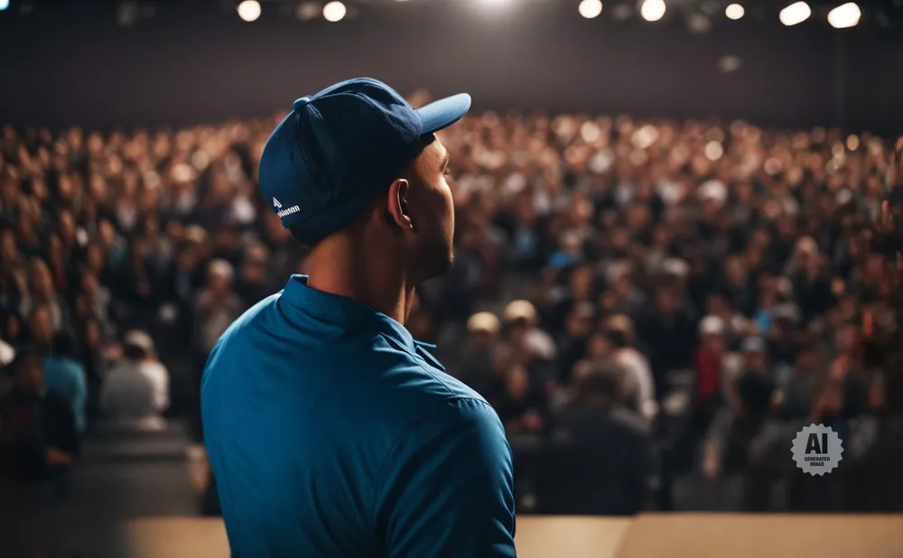 A person in a blue cap and shirt faces an audience in a dimly lit hall.