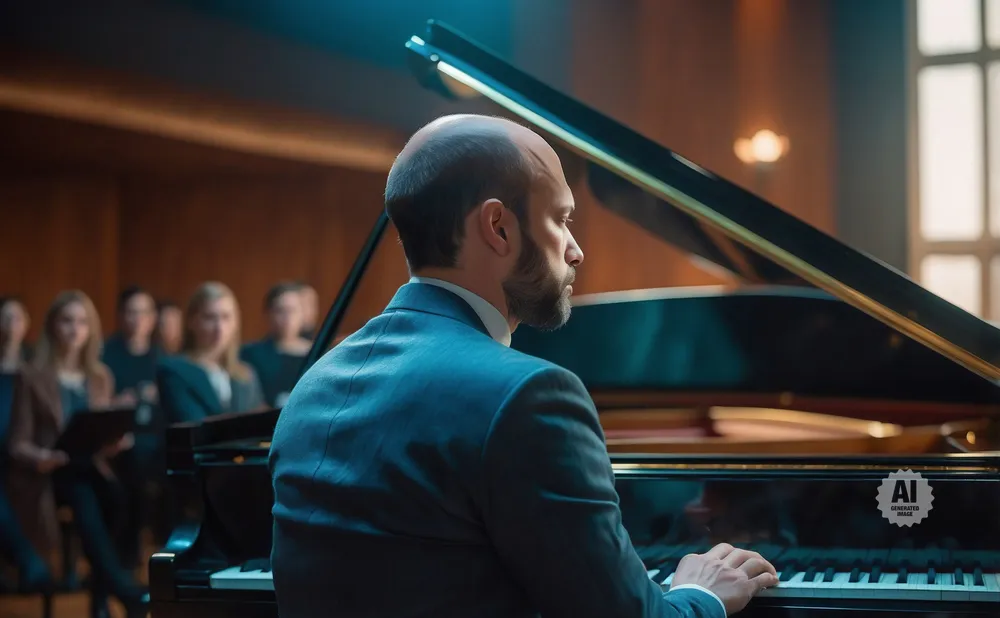 Man playing a grand piano in front of an audience, with an AI-generated image watermark.