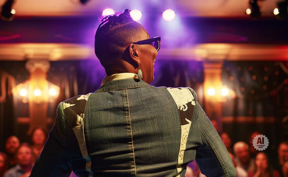 Person in denim jacket and sunglasses on stage, with audience in the background.