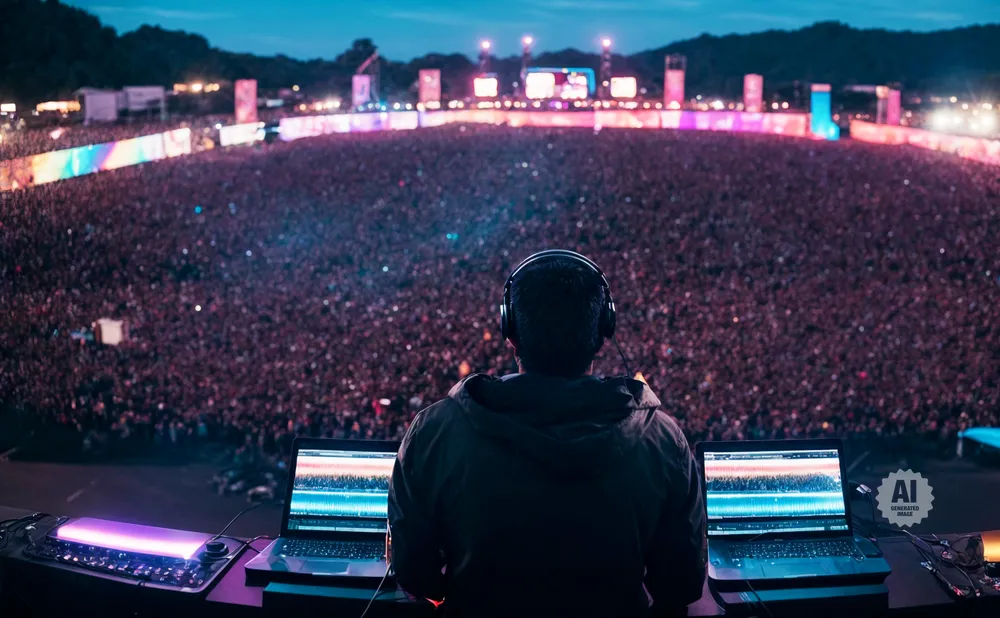 A DJ in headphones plays to a massive crowd at a festival with illuminated stages.