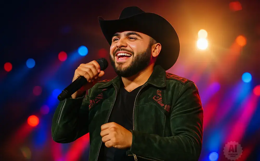 Man in a cowboy hat sings into a microphone on a stage with colorful lights.