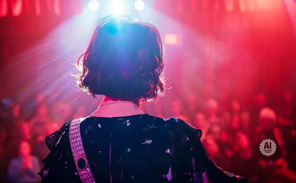 Woman on stage with back to camera, audience in blurry red light.