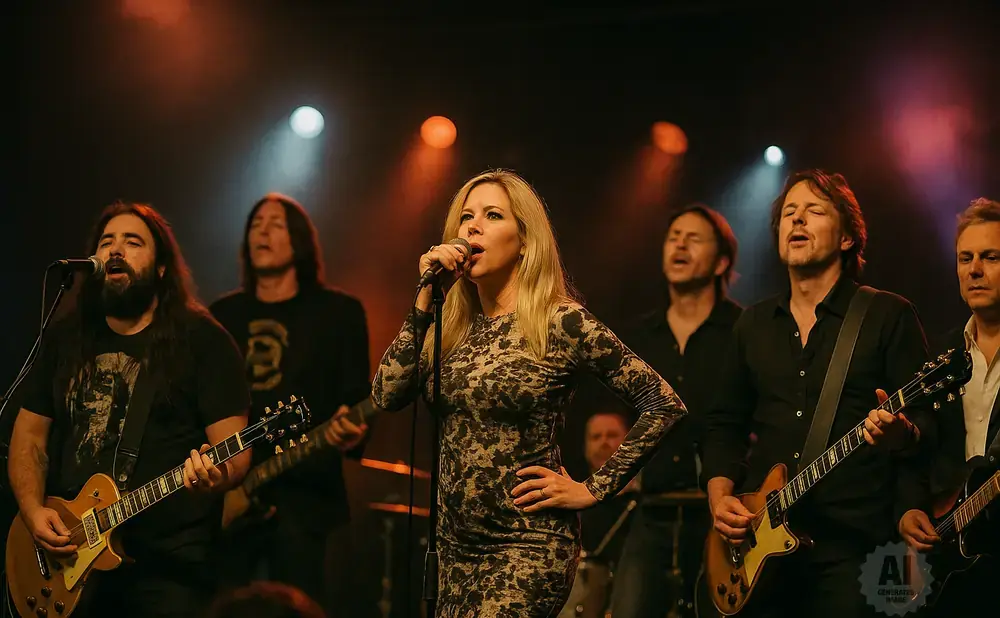 A band performs on stage with a female singer in the foreground.