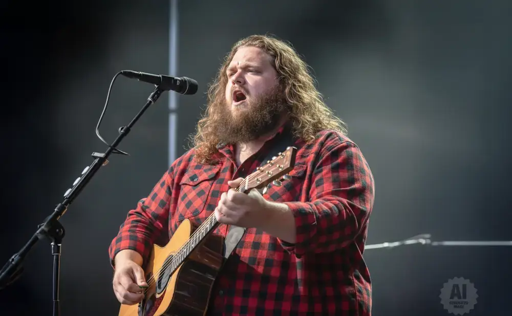Singer with long, curly brown hair and a beard sings into a microphone while playing an acoustic guitar. He wears a red and black plaid shirt.