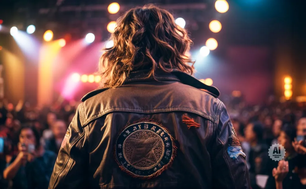 Person in leather jacket at a concert, back to camera, with bright stage lights and a crowd in the background.